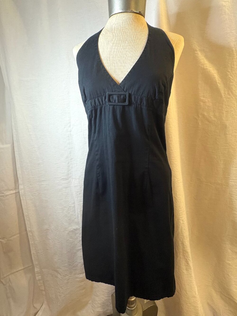 H&M Black Halter Mini Dress Deep V Neck Fabric Buckle Empire Waist Size 8